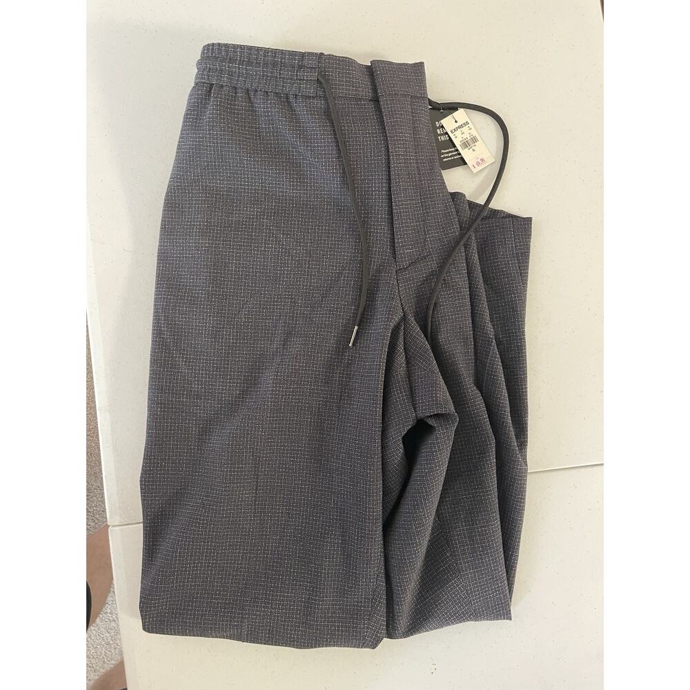 Express Men's Dress Pants XL Extra Slim Gray Grid Plaid Elastic Waist Nwt 38/29